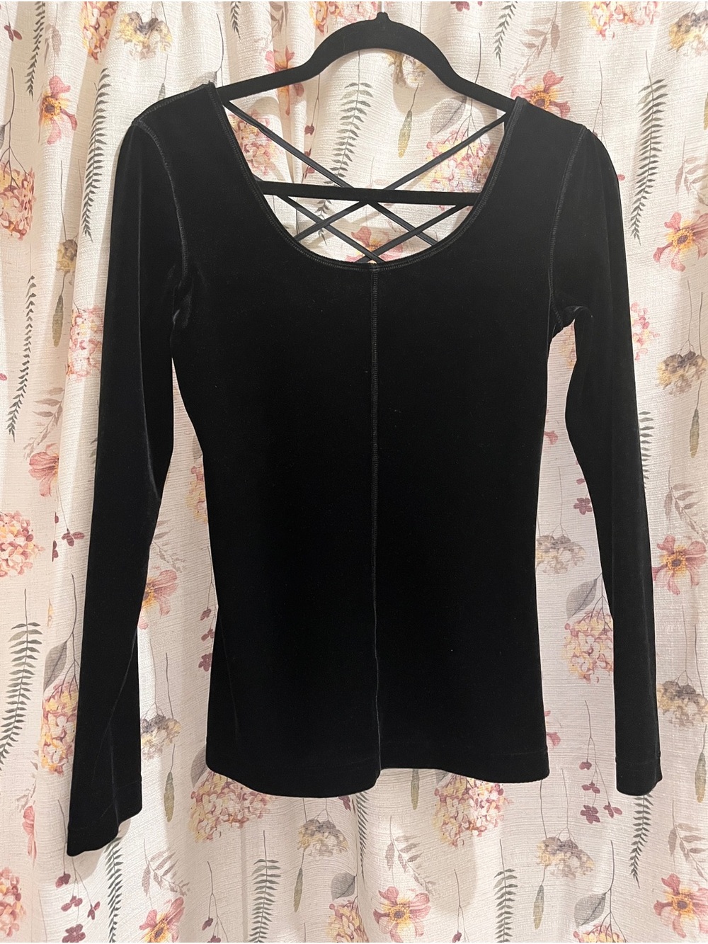 Frapp Black Velvet Long Sleeve Top with Crisscross Back Straps